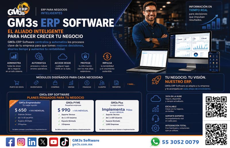 Material visual de GM3s ERP Software para presentar el sistema que el aliado puede distribuir a sus clientes
